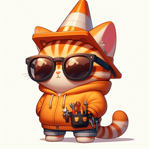 The character in the image is a cartoon-style, orange tabby cat with distinctive stripes. It sports a round face behind oversized, round circular, dark opaque sunglasses and has a notably small body compared to its head, enhancing its cute, chubby look. This cat is uniquely attired in a simple, light-colored hoodie with a drawstring, and atop its head sits a whimsical traffic cone, repurposed as a hat. Around its waist, a toolbelt is visible, equipped with various cartoon tools, suggesting a readiness for any construction task. Positioned with its paws in front, the cat maintains a relaxed posture, exuding a playful and whimsical vibe. This setup presents the cat not just as a casual mascot or a character in a children's book but as a creative introduction to the world of construction and imaginative play..
Single Game Texture. In-Game asset. 2d. Blank background. High contrast. No shadows.