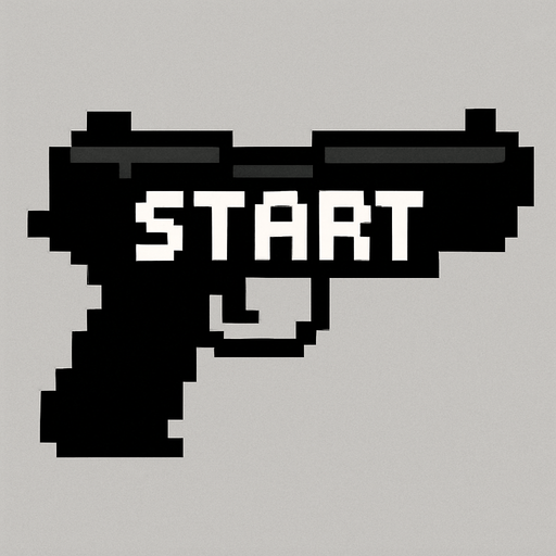 una pistola negra hecha con pixeles que diga start en medio
In-Game asset.  2d.  High contrast.  No shadows