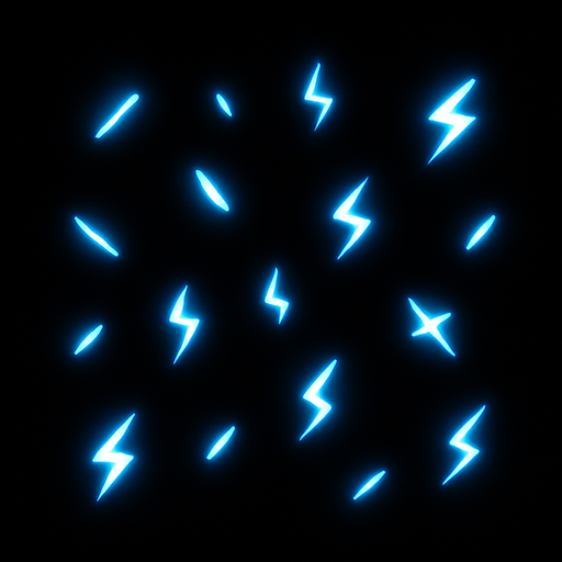 Tiny, electric-like sparks

```
- Shape: Small line/dash or tiny lightning bolt
- Color: Bright cyan (#00FFFF) or electric blue (#0088FF)
- Intensity: Very bright, almost overexposed look.
In-Game asset.  2d.  High contrast.  No shadows