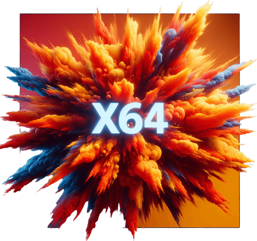 爆炸，里面有“X64”的字样,暖色调.
Single Game Texture. In-Game asset. 2d. Blank background. High contrast. No shadows.