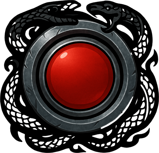 Metallic button frame, black snake patterns around, red middle of the button, metal gray frame.
In-Game asset.  2d.  High contrast.  No shadows