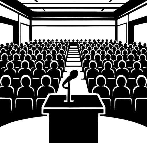 bir konferans salonunda sahnede olan birinin bakış açısından bir resim siyahın tonları kullanılsın.
In-Game asset.  2d.  High contrast.  No shadows