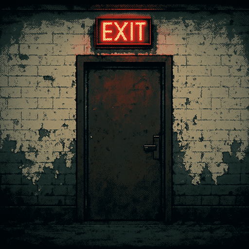Make a door with a white wall like it was in an abandoned school on top of the door is a glowing red exit sign.
In-Game asset.  2d.  High contrast.  No shadows