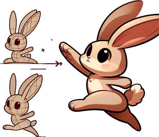 Cute cartoon rabbit, jumping upwards facing camera.
Single Game Texture. In-Game asset. 2d. Blank background. High contrast. No shadows.