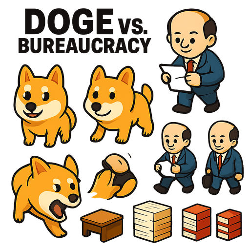Okay, here's a prompt designed for an AI image generator (like Midjourney, Stable Diffusion, DALL-E 2/3, etc.) to create a concept asset sheet for "DOGE vs. Bureaucracy". Remember that AI generators might need refinement or multiple attempts, and you might have to cut out and arrange the final assets yourself.
Prompt:
"Create a 2D game asset sprite sheet for a humorous, top-down hero defense game called 'DOGE vs. Bureaucracy'. The art style should be clean, cartoonish, slightly exaggerated, and meme-inspired, capturing the absurdity of office bureaucracy. All assets should be viewed from a top-down perspective, have clearly defined outlines, be suitable for a casual game, share a reasonably consistent scale, and be arranged neatly in a grid on a plain white or transparent background.
The sprite sheet should include concepts for the following assets:
1. Hero - DOGE (Shiba Inu):
* Idle state (classic Doge expression).
* Walking state (simple 2-frame cycle concept is fine).
* Basic Attack.
In-Game asset.  2d.  High contrast.  No shadows