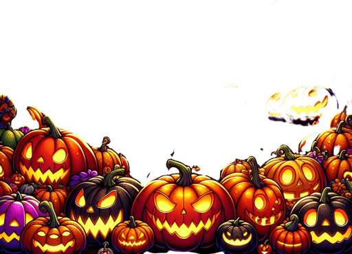 Generate a high quality cartoon background Halloween filled with pumpkins.
Single Game Texture. In-Game asset. 2d. Blank background. High contrast. No shadows.