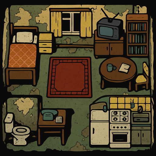 A 80's Soviet apartment, slightly ruined but in use.
In-Game asset.  2d.  High contrast.  No shadows. Top down view