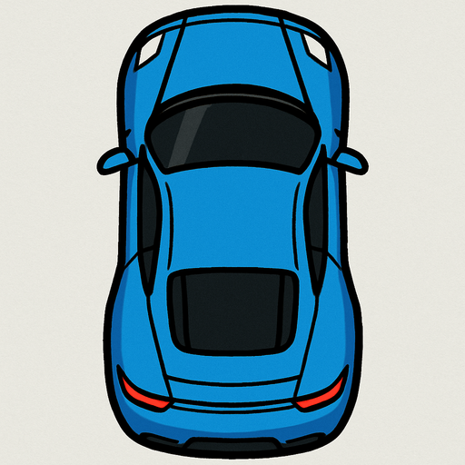 Sports Car,blue,2d,game asset,png,upper profile.
In-Game asset.  2d.  High contrast.  No shadows,upper look,upper side