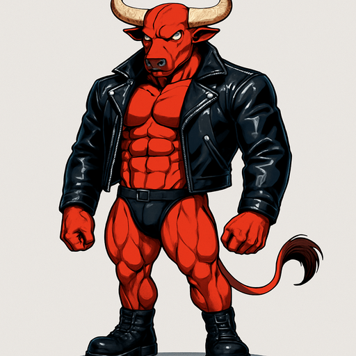 idle animation hunky Minotaur man Cyberpunk manga, minotaur monster hunk, shiny black leather biker jacket longsleeves shirtless muscles, jockstrap combat boots, Background removed, "Full-body character, entirely in frame, no cropping of face, head, or feet" "Complete character visible, from horns to hooves, fully centered in the image" "Entire character, including face and boots, fully within the frame" Character fully contained within a square frame, no edges cut off fashion model idle pose