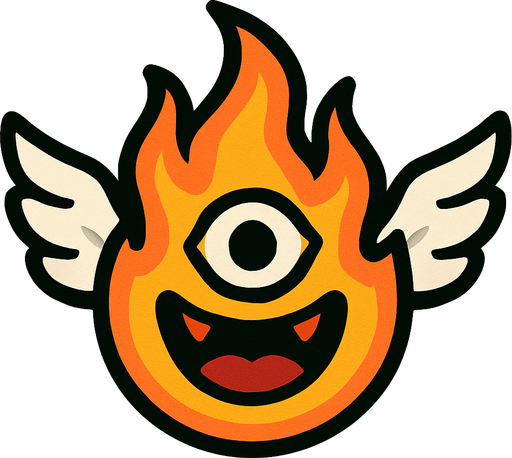 fuego con alas, ojo y boca.
In-Game asset.  2d.  High contrast.  No shadows