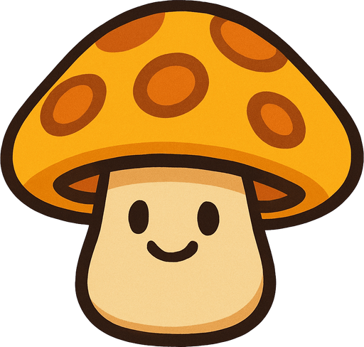 Sombrero Anaranjado/Amarillo: Tiene un sombrero grande y redondo de color anaranjado o amarillo brillante, con manchas de un tono más oscuro o marrón-anaranjado. Los puntos grandes y luminosos en su sombrero le dan un aspecto amigable y sugieren su función solar.

Tallo Beige/Crema: Su tallo es corto y regordete, de un color beige o crema claro.

Cara Amigable: Posee dos ojos pequeños y redondos, y una pequeña sonrisa, dándole una expresión dulce y pasiva..
In-Game asset.  2d.  High contrast.  No shadows