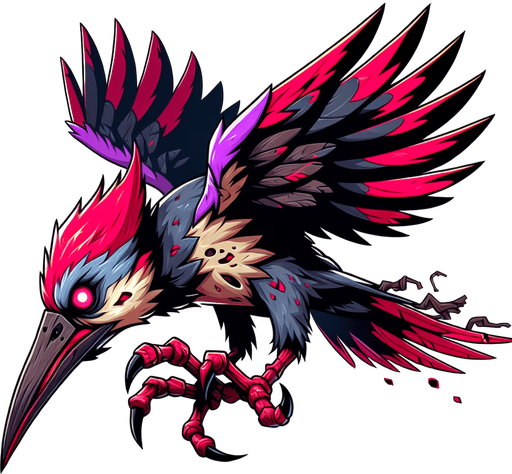 flyin evil woodpecker bird.
Single Game Texture.  In-Game asset.  2d.  Blank background.  High contrast.  No shadows