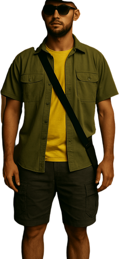 Full-length picture of the same character, his black hat and grey cargo shorts can be visible