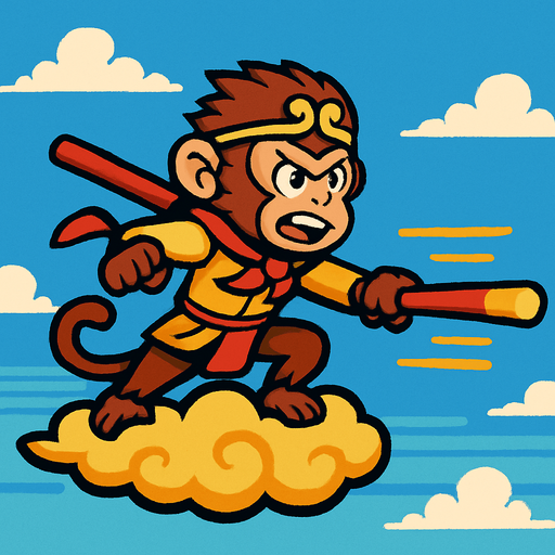 monglkey king raja kera di atas awan kinton menyerang dengan tongkat sakti. side scroller image.
In-Game asset.  2d.  High contrast.  No shadows