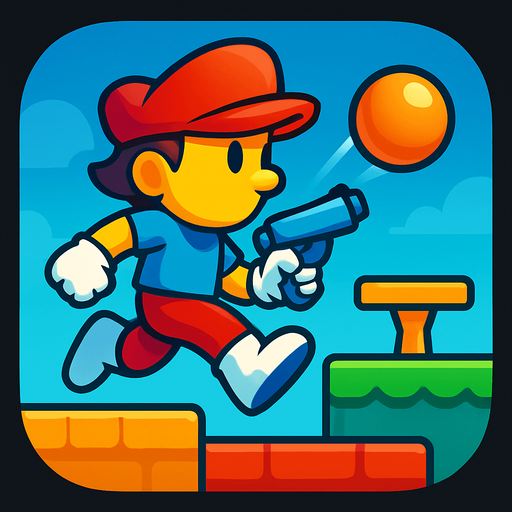 Modern App Store icon, high definition, square with rounded corners, for a game titled "Jump & Shoot Adventure" and with the description "Run, jump and shoot through colorful platforms! Defeat enemies with bouncing balls, avoid obstacles, and reach the table to advance levels. You have 10 lives to complete your mission!". No text on icon!