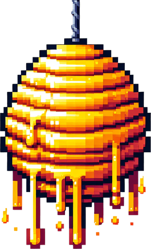 pixelart.a large yellow beehive hanging in the air, dripping from honey..
Single Game Texture. In-Game asset. 2d. Blank background. High contrast. No shadows.