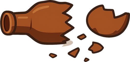 Kırılmış bir cam şişe iki büyük parça olmuş ve etrafta küçük parçalar var . No background. Transparent background. Blank background. No shadows. 2d. In-Game asset. flat