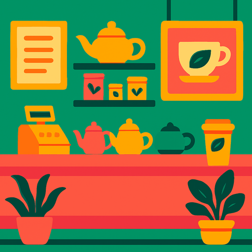 Make a tea shop background.
In-Game asset.  2d.  High contrast.  No shadows