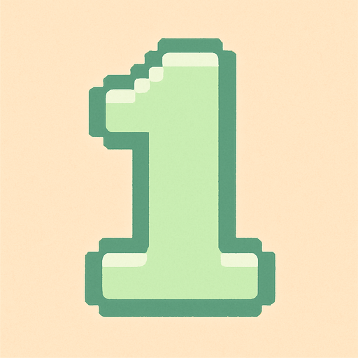 A pixel art number "1" designed for a cozy, cute retro 2D game UI with a bird theme. The number is rendered in soft pastel light green tones to harmonize with the gentle and sweet aesthetic of the game. It has a clean, simple, and rounded pixel style with no harsh edges, fitting perfectly within the pixel art UI style. The number is bold and easily readable at small sizes..
In-Game asset.  2d.  High contrast.  No shadows. pixel art. retro. 2d ui. number. pastel light green. simple. rounded edges. bold. cute. minimal