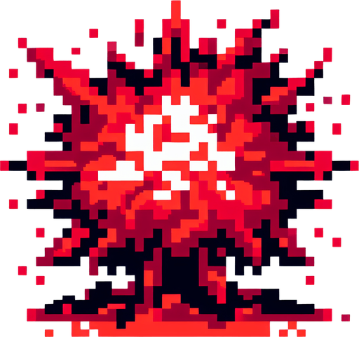 pixelated red explosion. 8 bit..
Single Game Texture. In-Game asset. 2d. Blank background. High contrast. No shadows.
