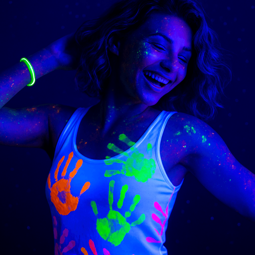 Dancing woman in a white top filled with multi-colored UV ink palm prints. UV luminous bracelet on the arm