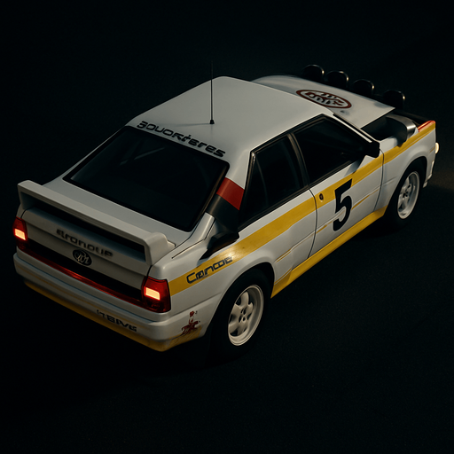 Photorealistic white audi b2 quattro RALLYCAR with YELLOW LIVERY AND red,grey,black stripes livery, drone topview from back in night. Angle should be 45 degrees in the top right corner of the screen.