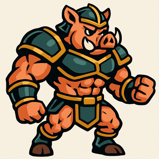 cerdo en 2 patas musculoso con armadura.
In-Game asset.  2d.  High contrast.  No shadows