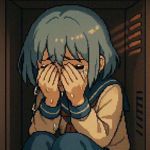 Yui is a cute 15-year-old anime girl with big black eyes and short, soft blue-gray hair (HEX: #b0b9d8). She wears a traditional Japanese school uniform called a sailor fuku. In this Pixel Art scene, Yui is clearly devastated—she’s hunched over in a slouched, defeated posture, crying intensely. Many visible tears stream down her cheeks, slipping past her fingers as she covers her face with both hands. Her entire body language screams sadness; it’s raw, heavy, and impossible to ignore. She’s inside a school locker, and although she’s looking outward through the metal grate, her face is mostly hidden behind her trembling hands. The entire scene is viewed from inside the locker, with soft light coming through the vents, casting delicate shadows across her curled-up figure and highlighting the depth of her heartbreak. The atmosphere is heavy, emotional, and quietly heartbreaking—yet still family-friendly in tone.