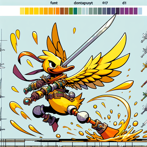 cartoon fantasy yellow duck warrior slash long sword movement.
Single Game Texture.  In-Game asset.  2d.  Blank background.  High contrast.  No shadows