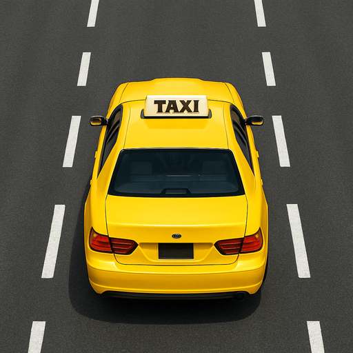 A realistic 2D render of a Yellow Taxi viewed from a slight rear top angle, perfectly aligned and driving straight forward on a clean 3-lane asphalt road with dashed white lane markings. The car is centered, facing directly ahead with no turn, showing only the top and back clearly. No visible driver. Daylight scene.
In-Game asset.  2d.  High contrast.  No shadows.
In-Game asset.  2d.  High contrast.  No shadows.
In-Game asset.  2d.  High contrast.  No shadows.
In-Game asset.  2d.  High contrast.  No shadows