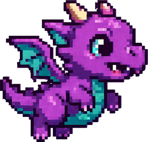 A pixel art baby dragon character designed for a 2D side-scrolling game, viewed from the side. The dragon has small wings, a chubby body, and a cute cartoonish face. It has small horns, a short tail, and colorful scales—shades of purple and teal. The dragon is in a flying pose, flapping its wings. Its eyes are big and expressive, and it has tiny fangs showing. The overall design is playful and fantasy-inspired, while still fitting a retro arcade pixel style..
In-Game asset.  2d.  High contrast.  No shadows. pixel art. side view. game character. baby dragon. cute. fantasy. retro style