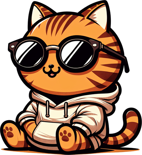 The character in the image is a cartoon-style, orange tabby cat with noticeable stripes. It has a round face, wearing a pair of oversized, round, dark opaque sunglasses. The cat's body is smaller in comparison to its head, giving it a cute, chubby appearance. It's wearing a simple, light-colored hoodie with a drawstring. The cat sits with its paws visible in front, showing a relaxed posture. The overall style is playful and whimsical, perfect for a casual mascot or a character in a children's book..
Single Game Texture. In-Game asset. 2d. Blank background. High contrast. No shadows.