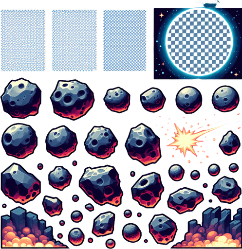 2d interactive and dynamic asteroid images.
Single Game Texture.  In-Game asset.  2d.  Blank background.  High contrast.  No shadows