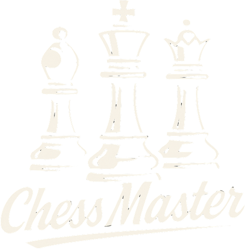 en altla havalı kalın ve grafik çizim olarak italik bir yazıyla Chess Master yazan koyu renk temalı 3 adet ortada büyük şah sağda vezir ve solda fil olacak şekilde satranç taşları.
In-Game asset.  2d.  High contrast.  No shadows