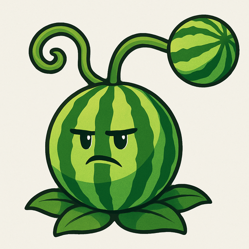 Melón como Cuerpo: La planta en sí parece ser un melón grande y redondo, con las características rayas verdes oscuras y claras de una sandía.

Cara y Hojas: Tiene dos ojos pequeños y una expresión que denota seriedad o concentración, propia de una planta de ataque. En su base, tiene hojas verdes que la asientan en el suelo.

Brazos de Enredadera con Melón: De la parte superior de su cuerpo, salen dos enredaderas o tallos verdes y enrollados que sostienen un melón más pequeño. Este melón es el "proyectil" que lanza. El mecanismo sugiere que es una especie de honda o catapulta natural..
In-Game asset.  2d.  High contrast.  No shadows