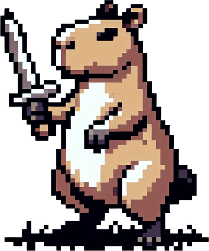 Capibara con una espada y pixelado.
Single Game Texture.  In-Game asset.  2d.  Blank background.  High contrast.  No shadows