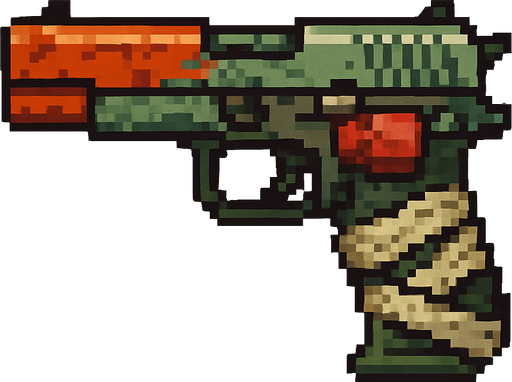 Pistol post apocalyptic world pixel art less pixel.
In-Game asset.  2d.  High contrast.  No shadows