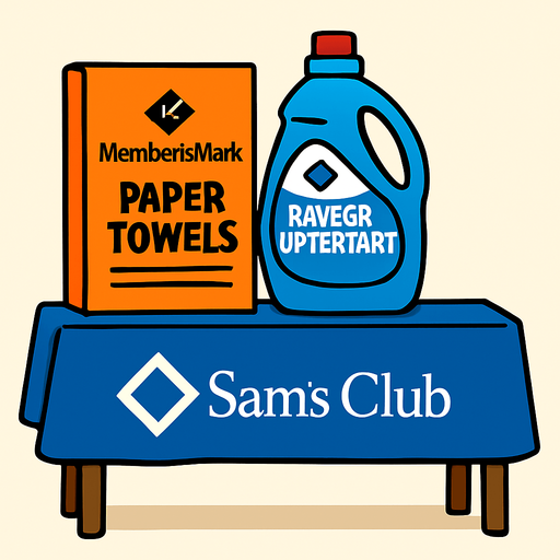 Que tenga un mantel azul  con el logo de sams club, sean menos productos y la mesita sea mas alta, el mantel no llega hasta el suelo, si no hasta a la mitad de la altura y permite ver las patitas de la mesa