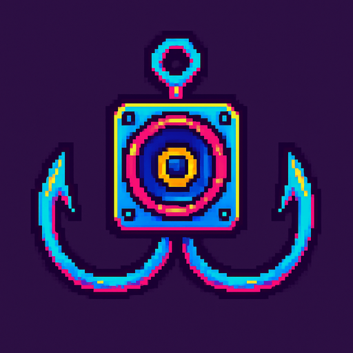 A double sided fishing hook with a small speaker in the center. 80s arcade machine graphics..
In-Game asset.  2d.  High contrast.  No shadows