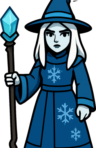 A female mage with pale skin, long white hair, wearing a long blue robe and a pointed blue hat, holding a glowing icy staff with a blue crystal, snowflake patterns on robe, cold expression, simple background, front-facing, no background, 2D game character.
In-Game asset.  2d.  High contrast.  No shadows
