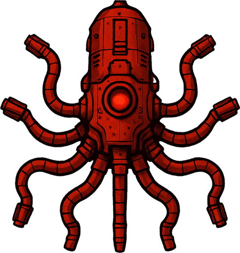 vertical top down red burn robotic octopus scifi war submarine.
In-Game asset.  2d.  High contrast.  No shadows