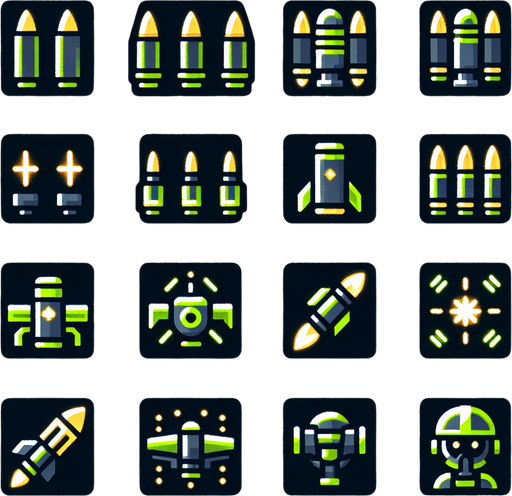 A sprite sheet that has power up icons. Icons include three bullets, a laser beam, a rocket, a drone and a small soldier. Cyberpunk and using neon glow. Green and yellow highlights. 
Single Game Texture. In-Game asset. 2d. Blank background. High contrast. No shadows.