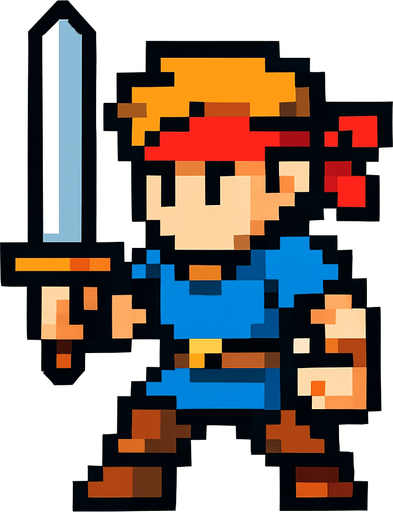 2d hero swordsman pixel sprite.
In-Game asset.  2d.  High contrast.  No shadows