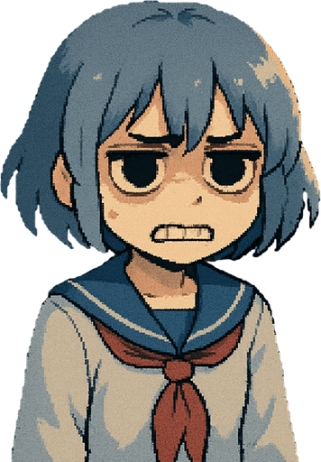 Yui is a cute 15-year-old anime girl with big black eyes and short, soft blue-gray hair (HEX: #b0b9d8). She wears a traditional Japanese school uniform called a sailor fuku. In this Pixel Art scene, Yui looks clearly upset—she has very noticeable dark circles under her eyes, her eyebrows are tense, and her teeth are pressed together in frustration. Her arms are relaxed and down at her sides, showing no physical aggression, just quiet tension. She’s inside a school locker, looking out through a metal grate with a serious, focused expression. The entire scene is viewed from inside the locker, with soft light coming through the vents, casting gentle shadows across her face and creating a slightly tense but family-friendly atmosphere.