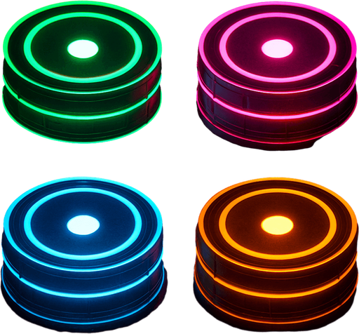 make it neon cyberpunk style, make one green, one pink, one light blue, and one orange, add a white circle in the middle of each