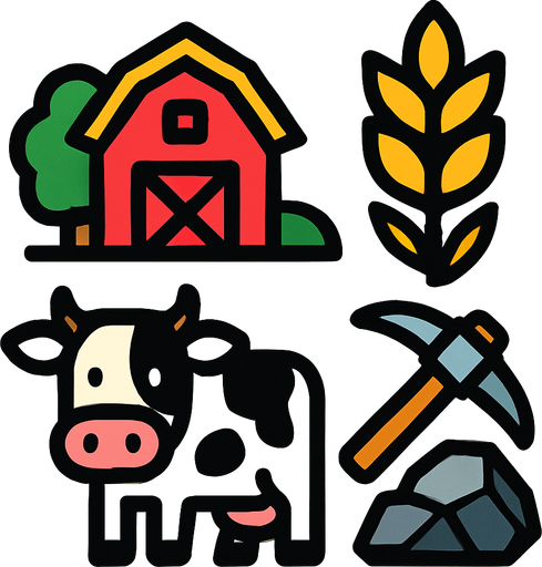 My farm, wheat, cow, ore, pickaxe. Starting screen style.
In-Game asset.  2d.  High contrast.  No shadows