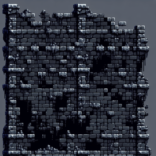 Black stone dungeon wall background. Crumbling top of wall in places.  Slime on bricks. Black holes in walls in places where brick is missing. Infinite repeatable texture for endless scroller. 8 bit pixel art..
Single Game Texture.  In-Game asset.  2d.  Blank background.  High contrast.  No shadows