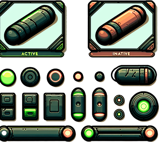 A sprite sheet featuring two large, flat toggle buttons for a hacking mobile game. Each toggle is cigar-shaped with rounded edges, displayed in active (green) and inactive (red) states.

The active state has a neon green fill with a circular slider positioned on the right, while the inactive state has a muted red fill with the slider on the left. The buttons are large and centered in the sprite sheet, with ample spacing and a clean, grey background. This design is minimalistic, clear, and ideal for a tech-themed game interface.
Single Game Texture. In-Game asset. 2d. Blank background. High contrast. No shadows.