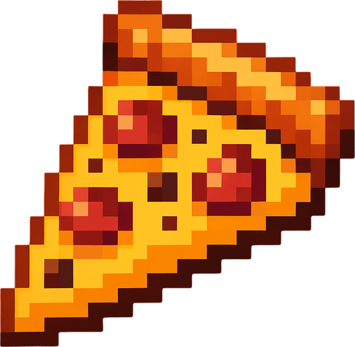 Pixilated pizza.
In-Game asset.  2d.  High contrast.  No shadows