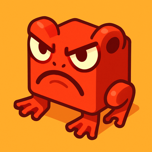 an angry isometric red square bullfrog character for a casual mobile game, facing the camera directly.
In-Game asset.  2d.  High contrast.  No shadows